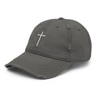 Gray Christian Embroidered Hat with a Cross Design and Distressed Details