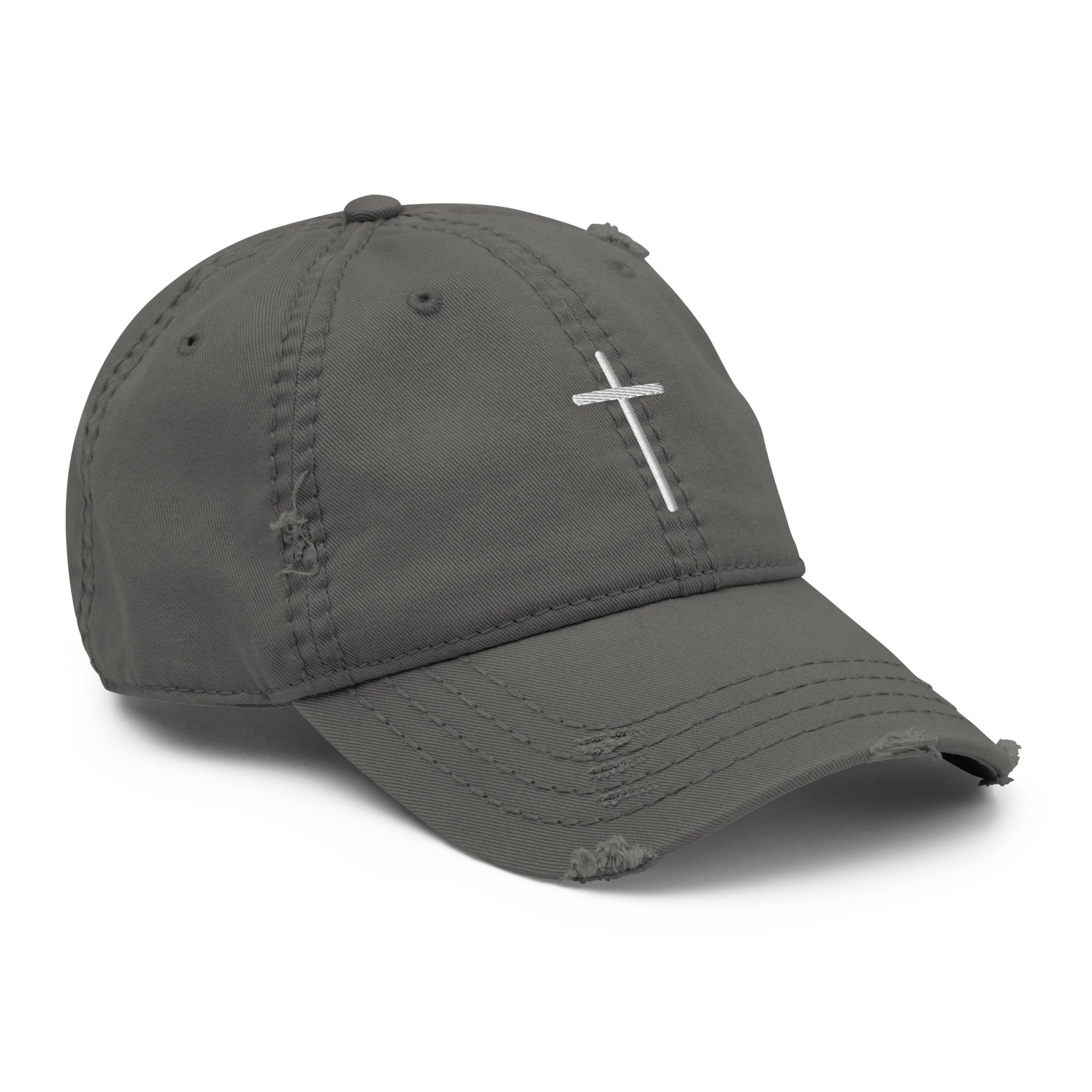 Rep The One Christian Embroidered Hat in Gray with Distressed Details and Cross Design