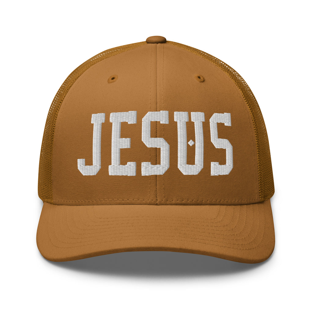 Christian Embroidered Hat in brown with bold white 'JESUS' lettering on the front