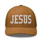 Christian Embroidered Hat in brown with bold white 'JESUS' lettering on the front