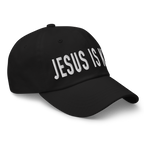 Christian Embroidered Hat in black with 'JESUS IS KING' text for stylish faith expression
