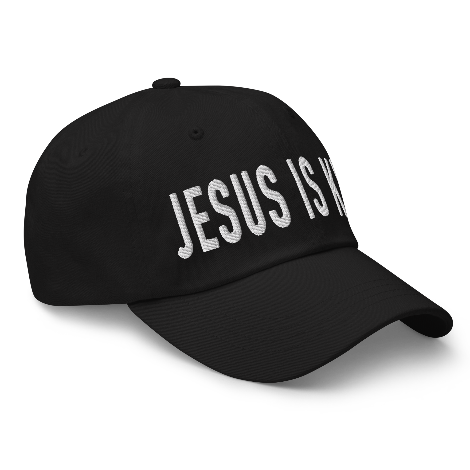 Christian Embroidered Hat in black with 'JESUS IS KING' text for stylish faith expression
