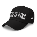Christian Embroidered Hat in black featuring 'Jesus is King' text and cross design