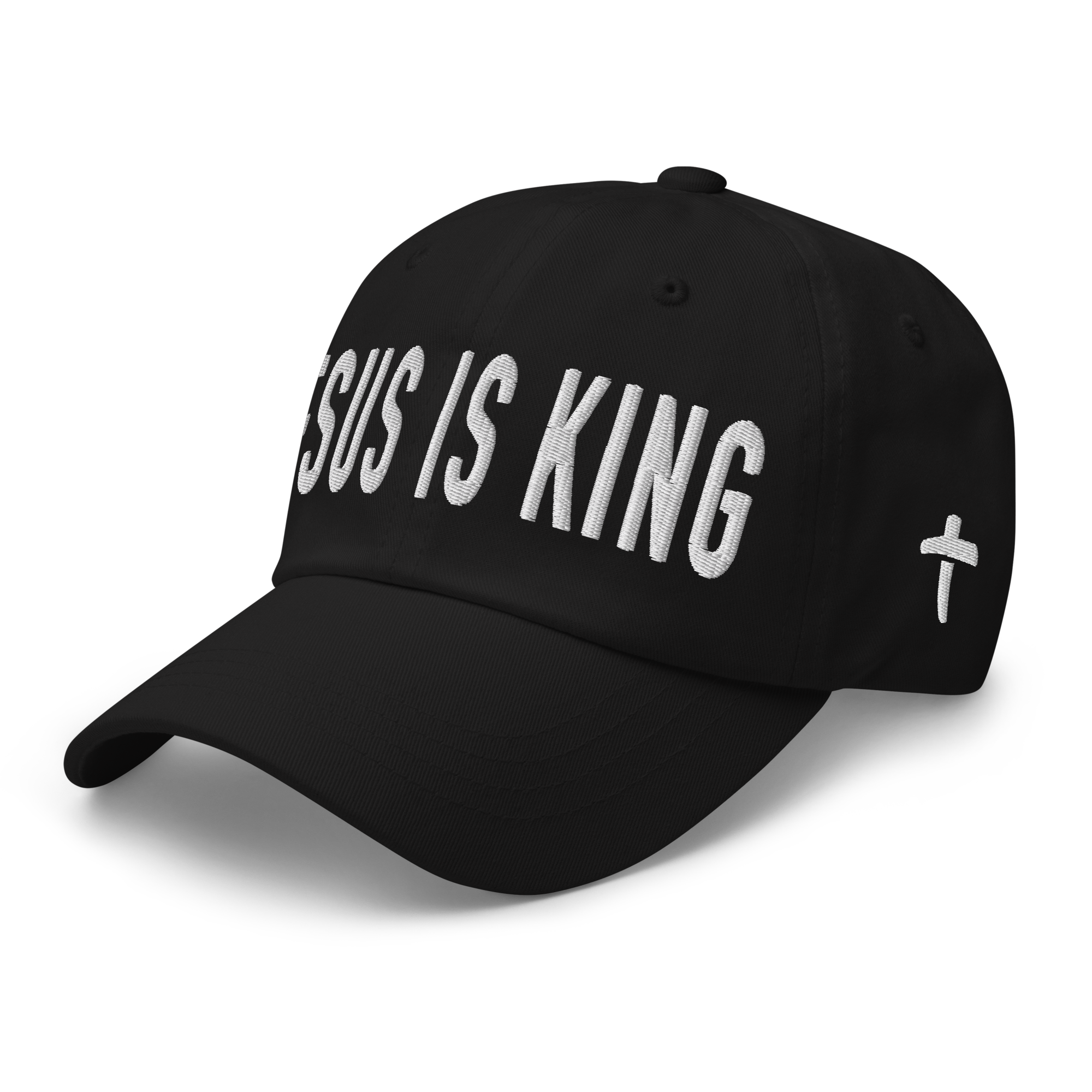 Christian Embroidered Hat in black featuring 'Jesus is King' text and cross design