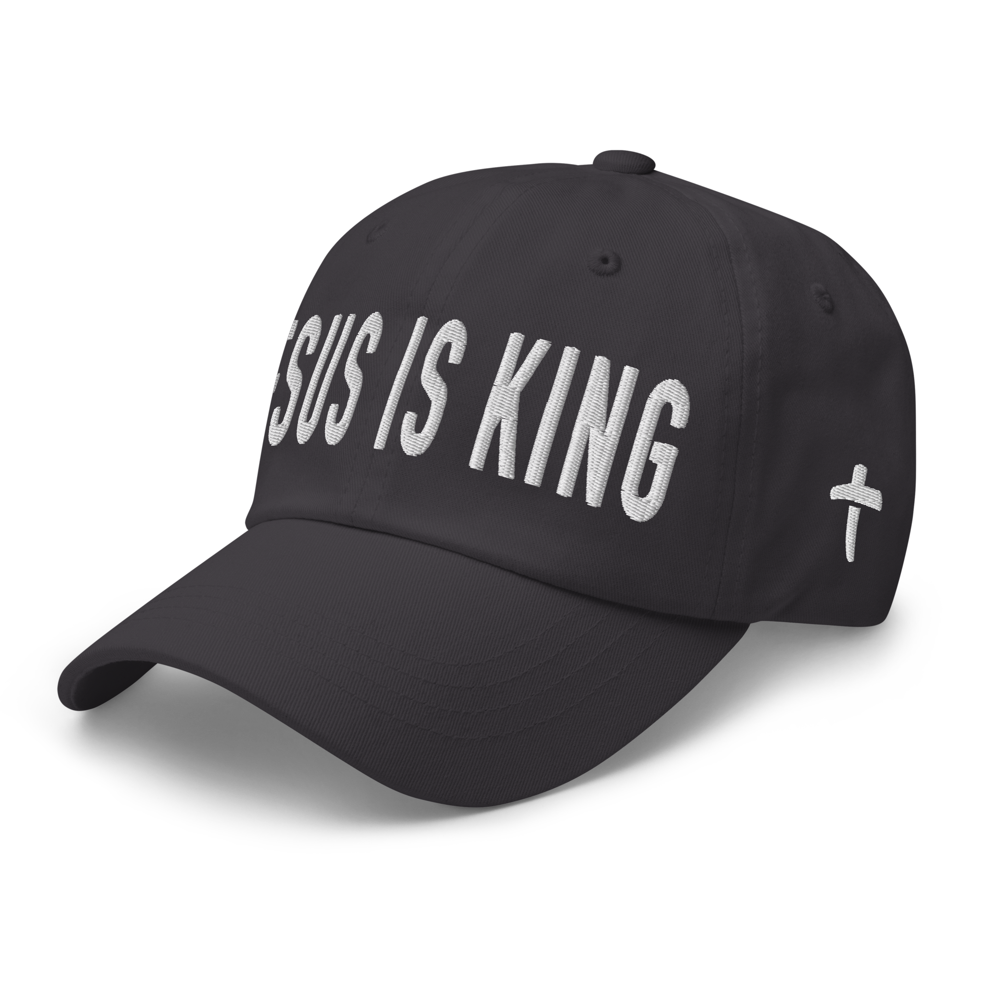 Christian Embroidered Hat featuring 'JESUS IS KING' design and cross emblem in a stylish black color