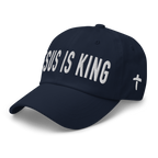 Christian Embroidered Hat in navy blue with 'JESUS IS KING' text and a cross emblem