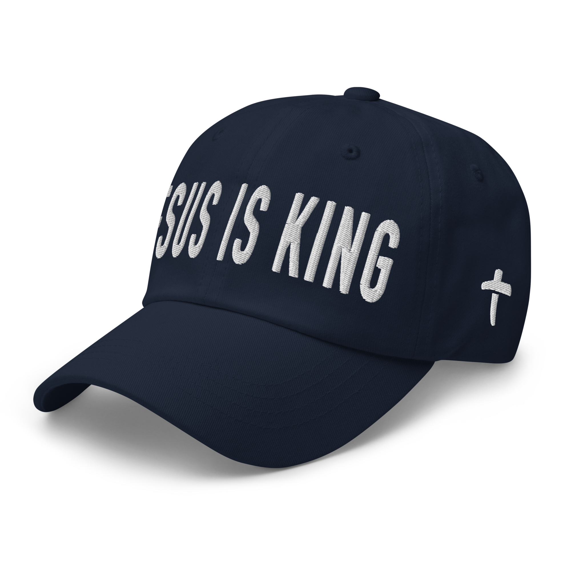 Christian Embroidered Hat in navy blue with 'JESUS IS KING' text and a cross emblem