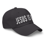 Christian Embroidered Hat with 'Jesus is King' Text on Black Cotton Fabric