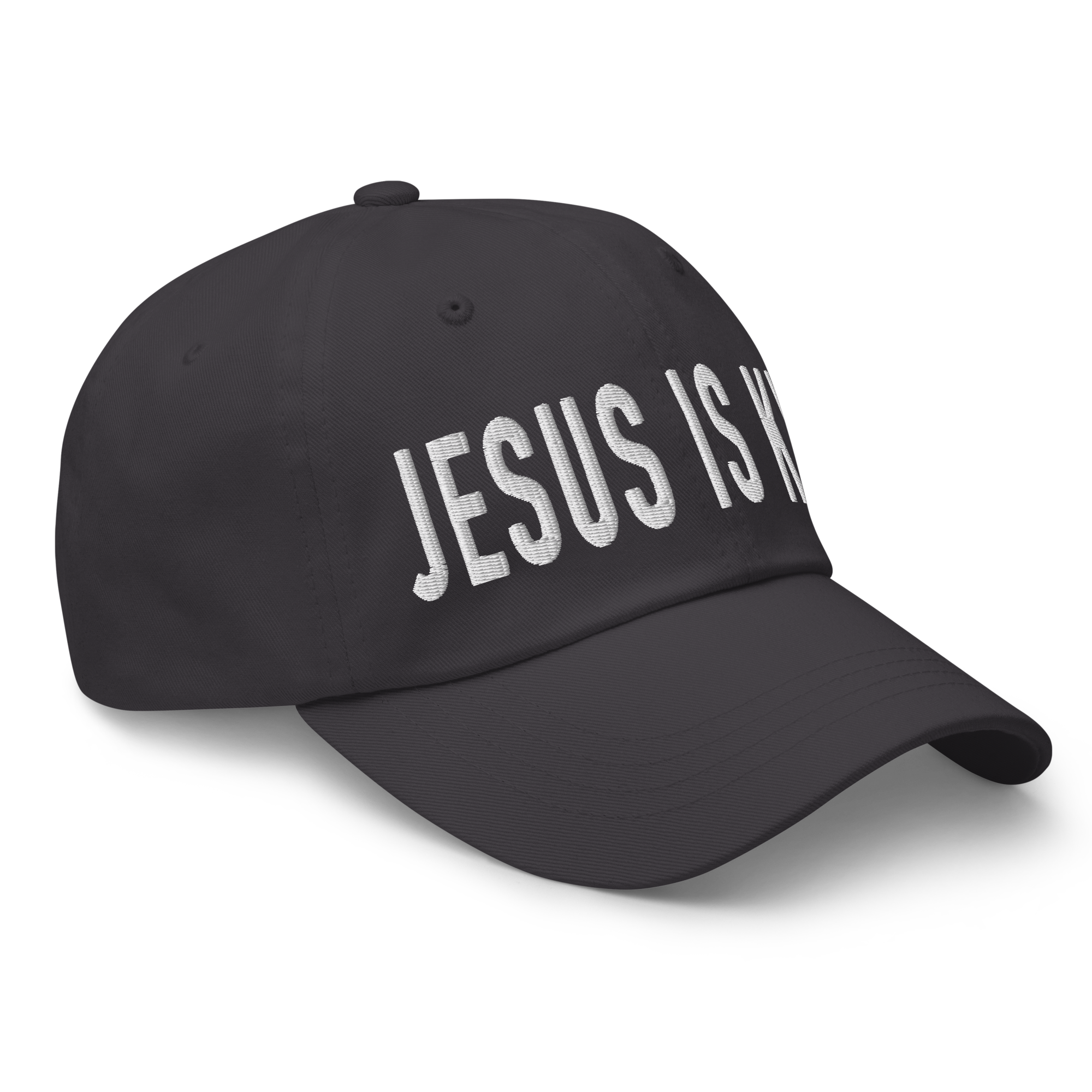 Christian Embroidered Hat with 'Jesus is King' Text on Black Cotton Fabric