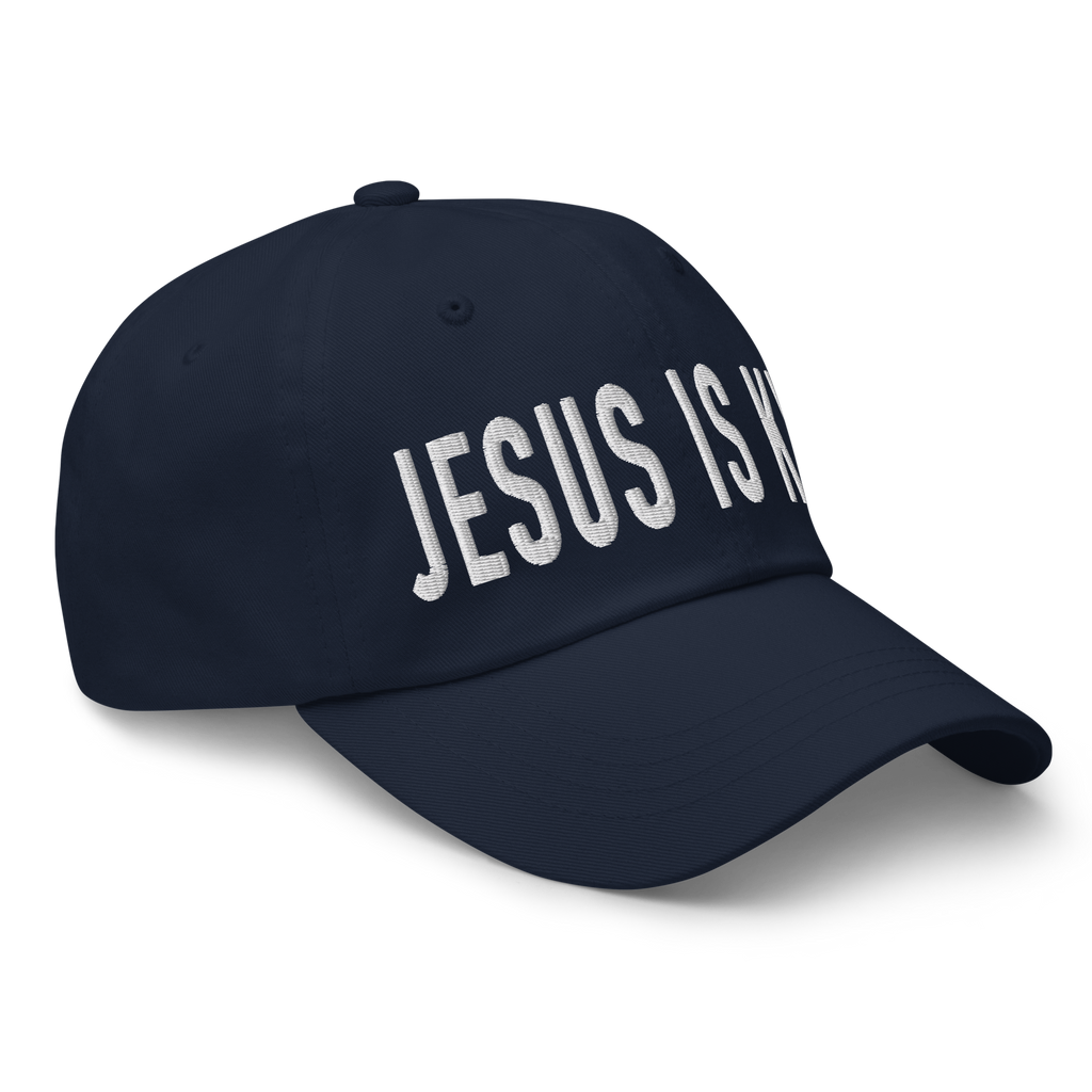 Christian Embroidered Hat in navy blue with bold text reading Jesus Is King