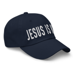 Christian Embroidered Hat in navy blue with bold text reading Jesus Is King