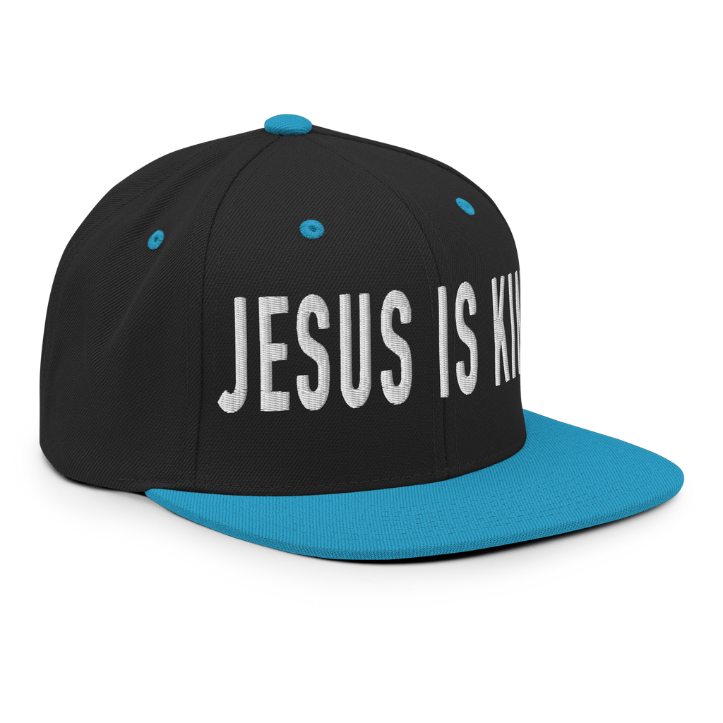 Christian Embroidered Hat in black with blue visor featuring 'Jesus is King' design
