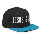 Christian Embroidered Hat in black with blue visor featuring 'Jesus is King' design