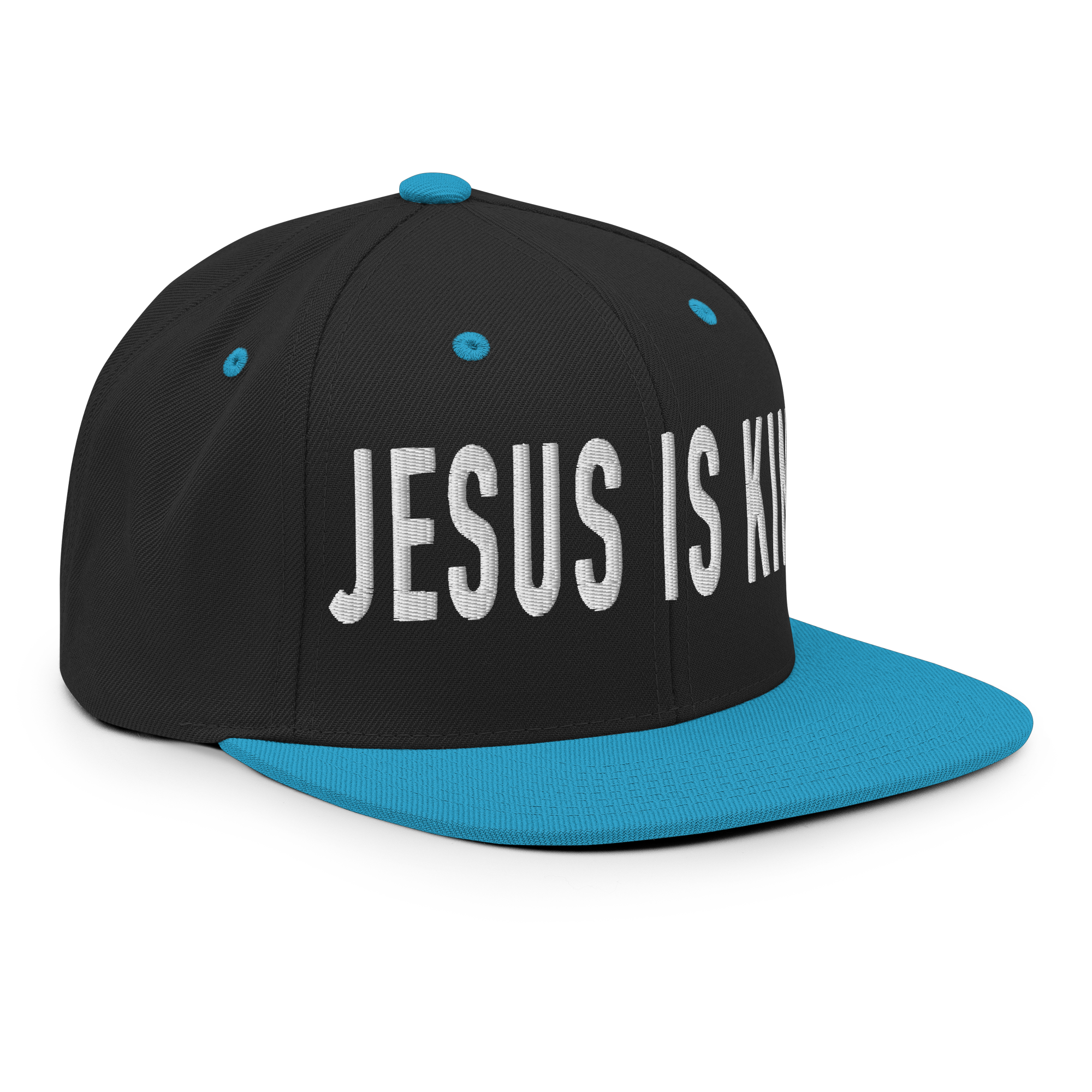 Christian Embroidered Hat in black with blue visor featuring 'Jesus is King' design
