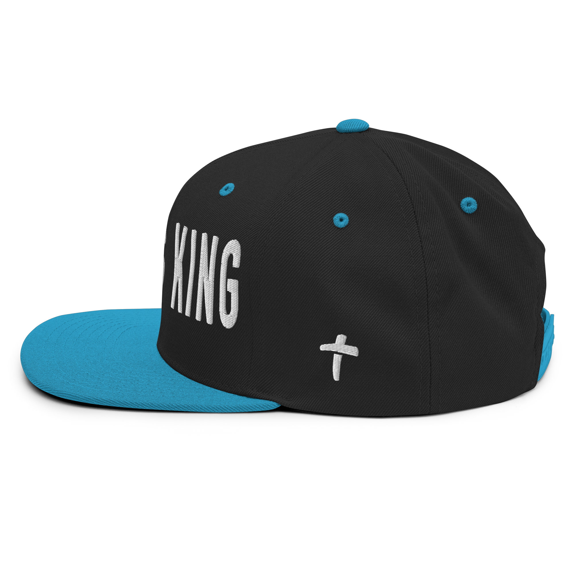 Christian Embroidered Hat in black and turquoise with the word King and a cross design