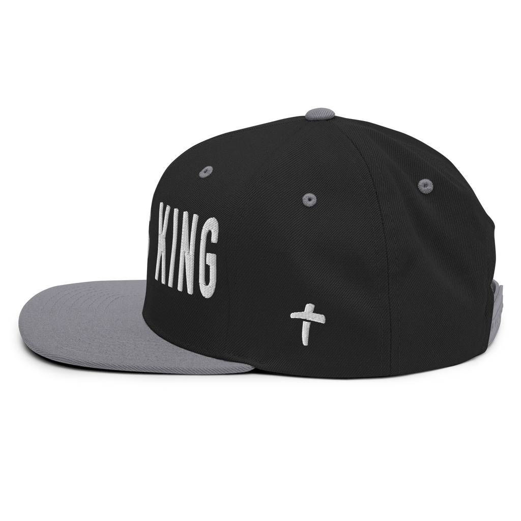 Christian Embroidered Hat in black and gray featuring 'KING' lettering and cross design