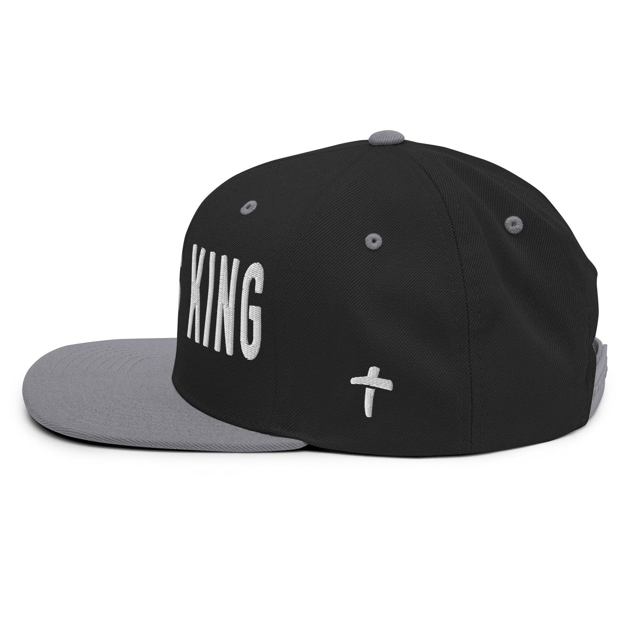 Christian Embroidered Hat in black and gray featuring 'KING' lettering and cross design
