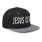 Christian Embroidered Hat featuring bold 'Jesus is King' text on a black and grey snapback design