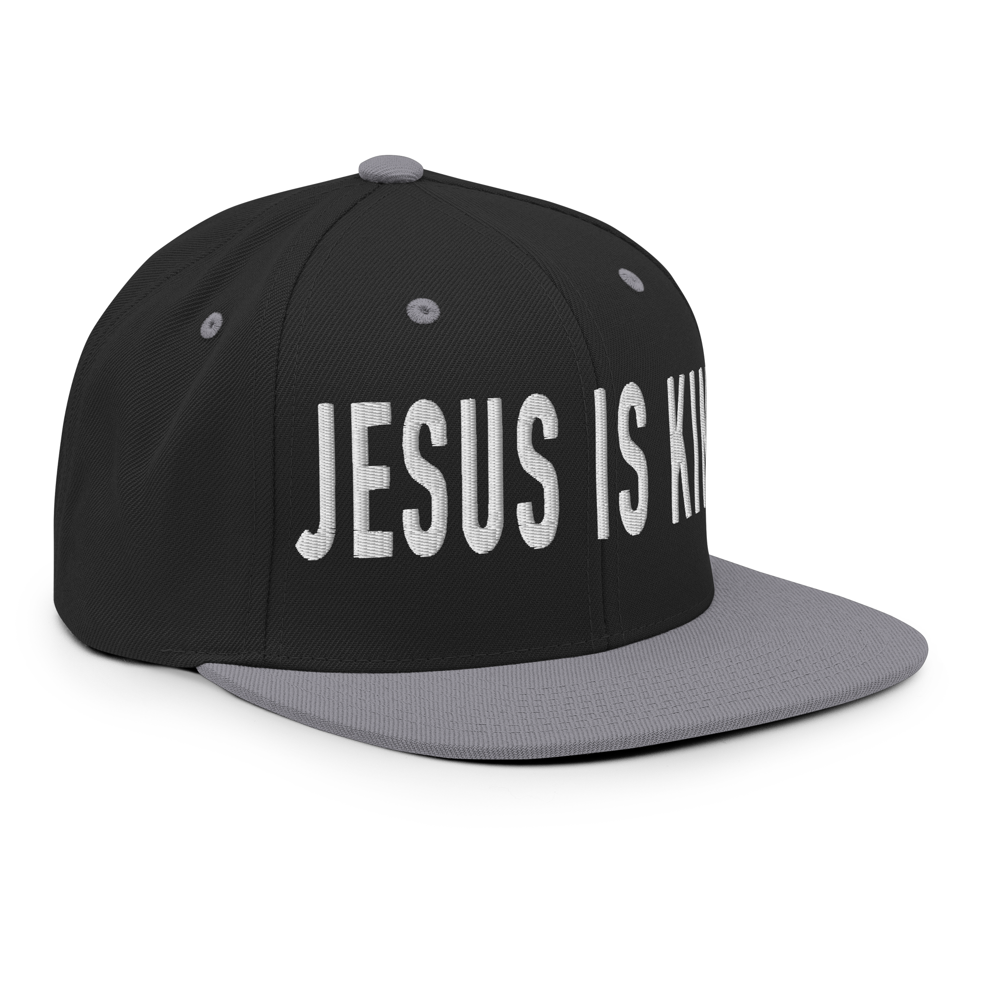 Christian Embroidered Hat featuring bold 'Jesus is King' text on a black and grey snapback design