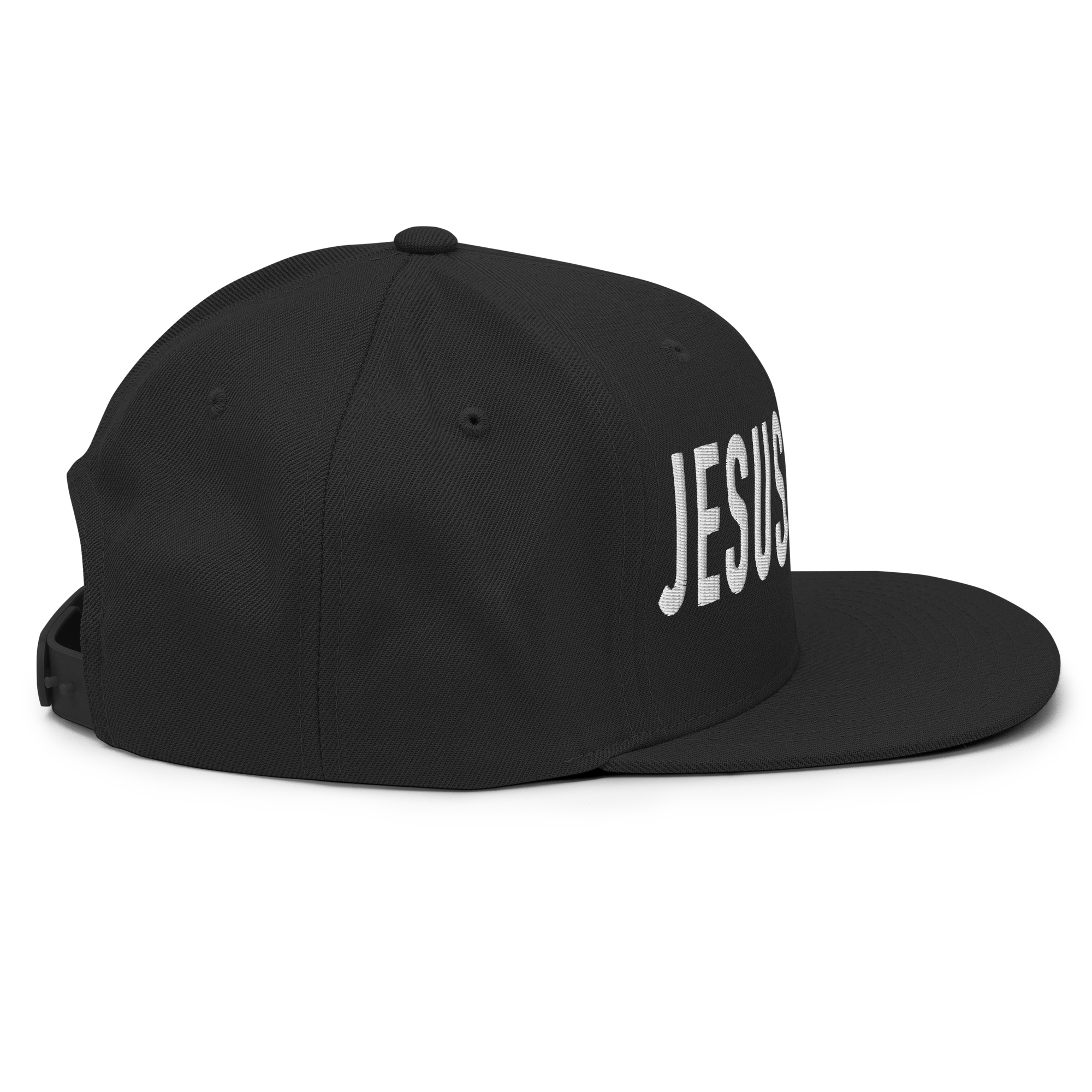Christian Embroidered Hat in black featuring white Jesus text on the front for stylish faith expression