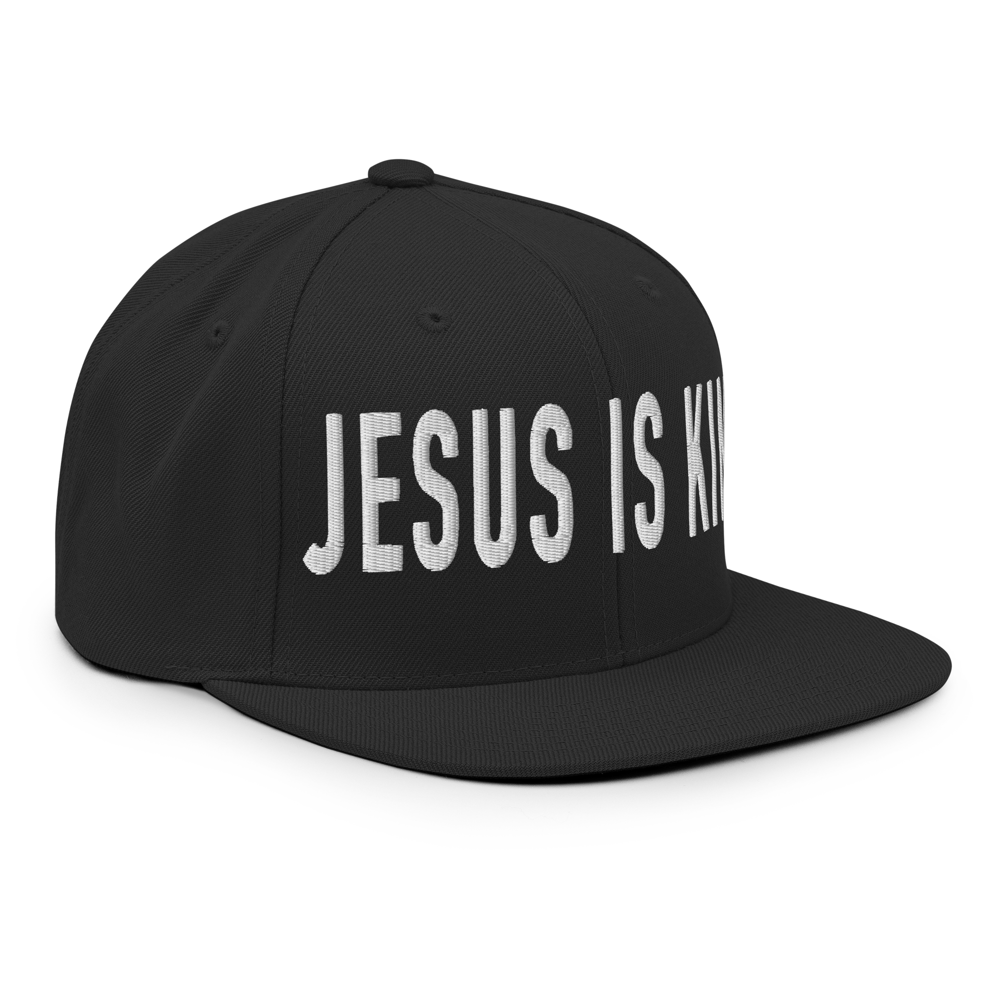 Christian Embroidered Hat featuring 'Jesus is King' in bold white letters on a black cap