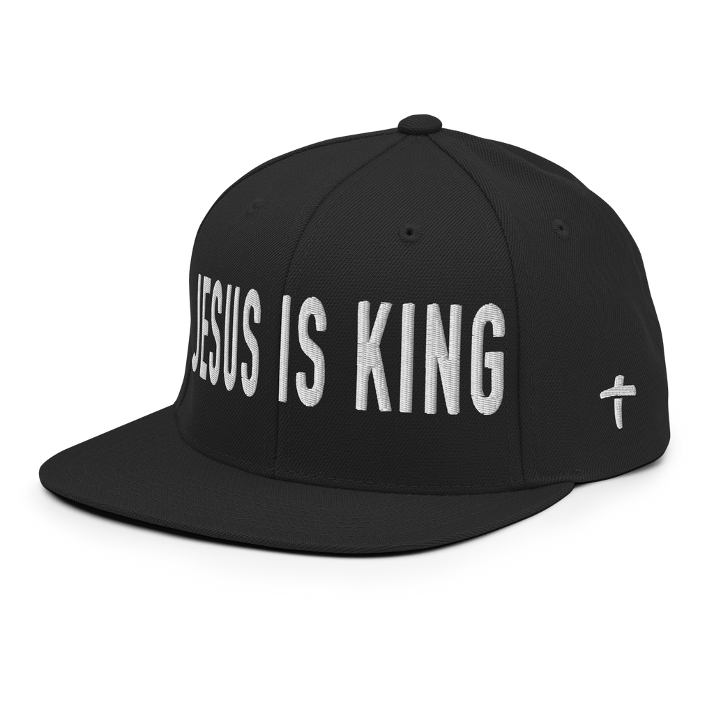 Black Christian Embroidered Hat featuring 'Jesus Is King' in bold white letters