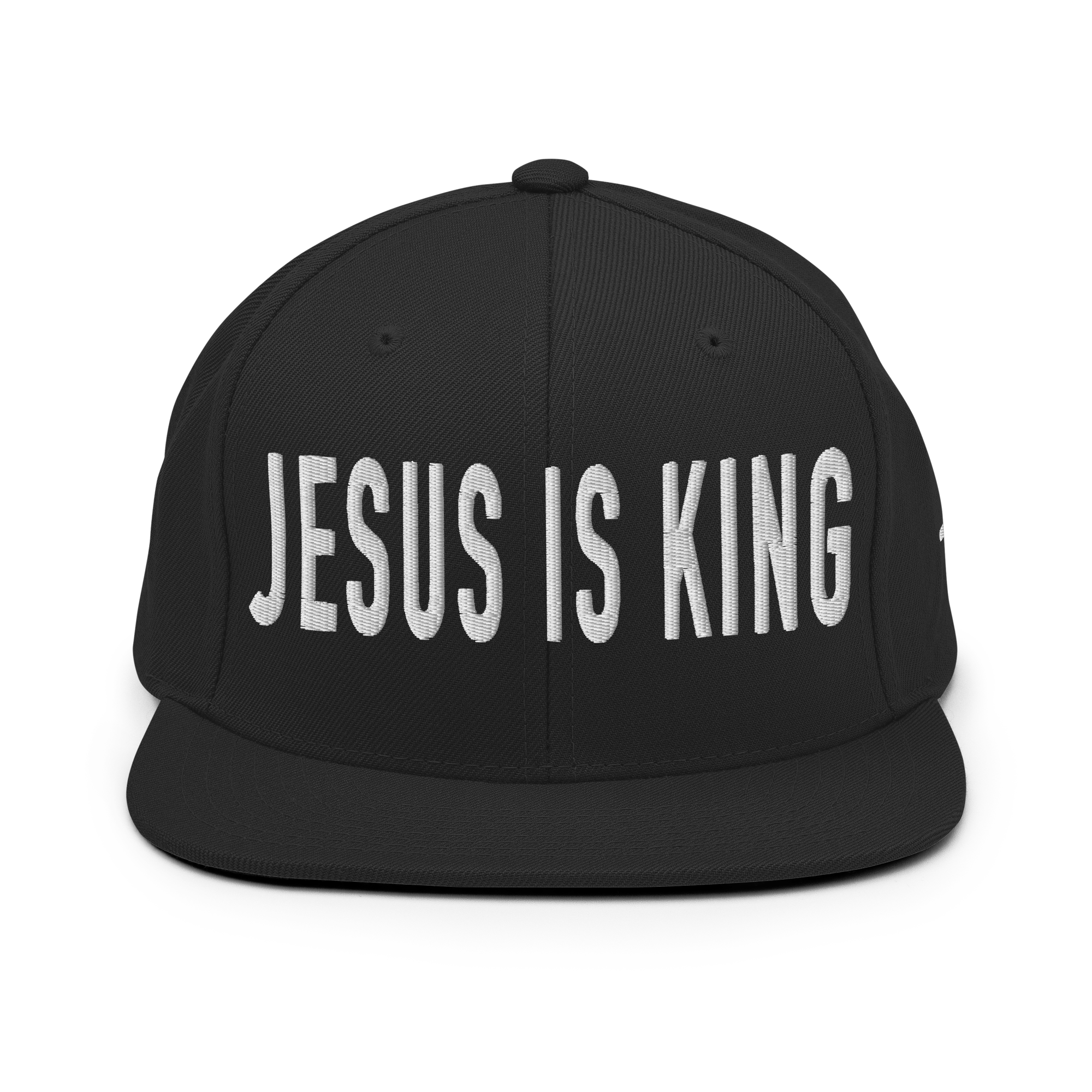 Christian Embroidered Hat in black featuring bold 'JESUS IS KING' text for stylish faith expression