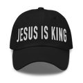 Black Christian Embroidered Hat featuring the phrase Jesus is King in bold white lettering
