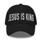 Black Christian Embroidered Hat featuring the phrase Jesus is King in bold white lettering
