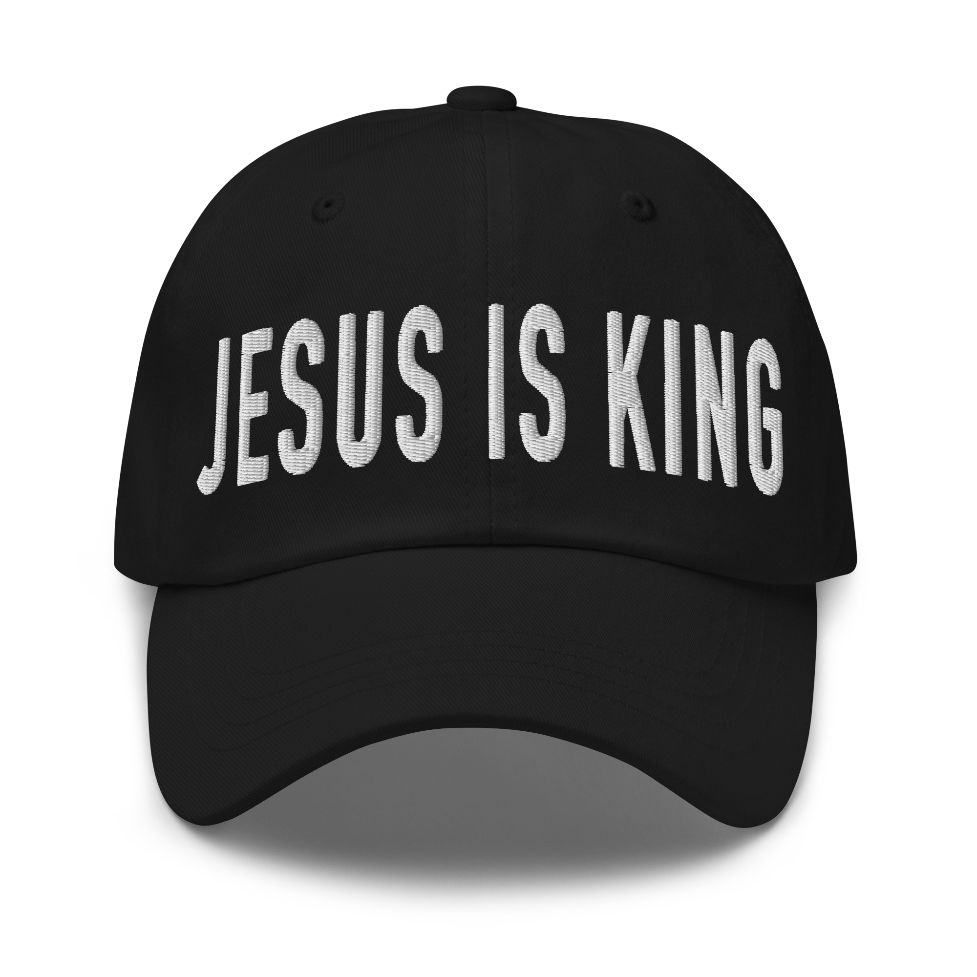 Black Christian Embroidered Hat featuring the phrase Jesus is King in bold white lettering