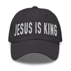 Christian Embroidered Hat in black featuring bold 'Jesus is King' text for faith-inspired style