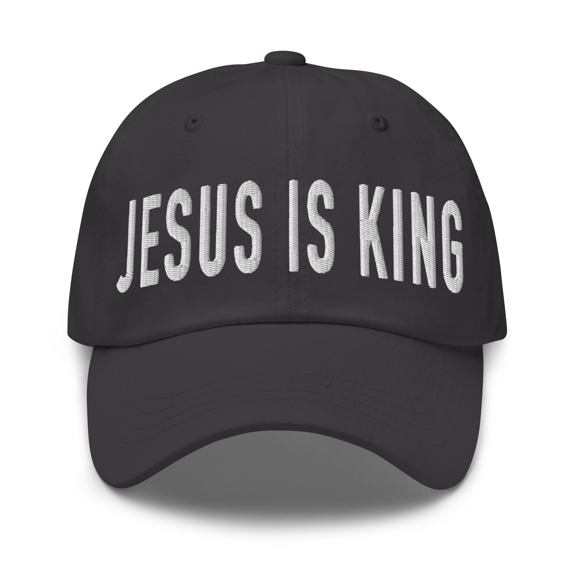 Christian Embroidered Hat in black featuring bold 'Jesus is King' text for faith-inspired style
