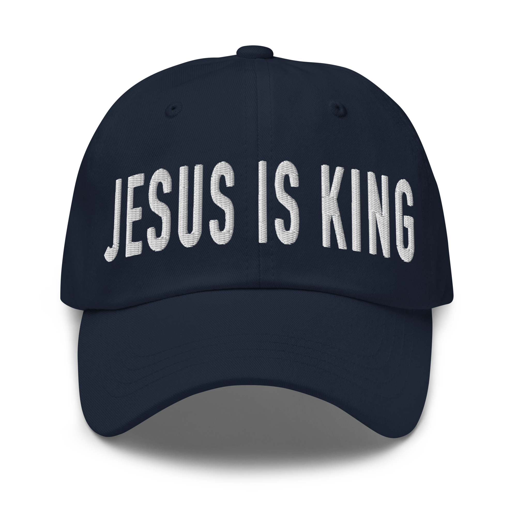 Navy Christian Embroidered Hat with 'Jesus Is King' Design for stylish faith-inspired wear