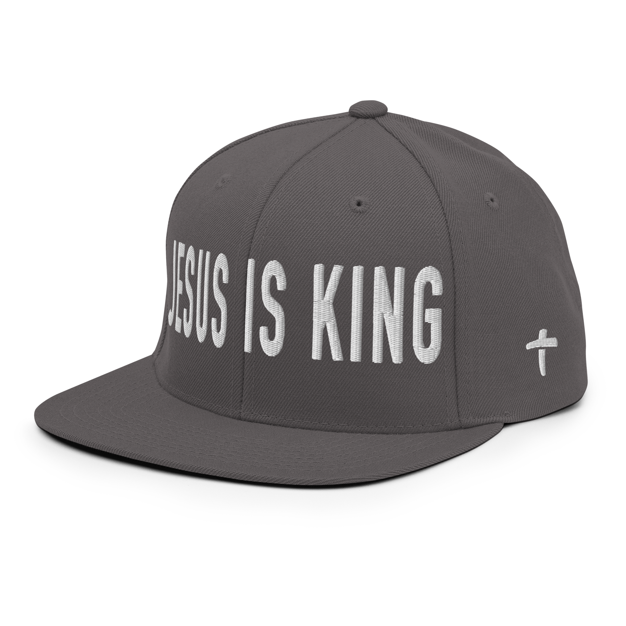 Christian Embroidered Hat in Gray featuring bold 'Jesus is King' lettering for stylish faith expression