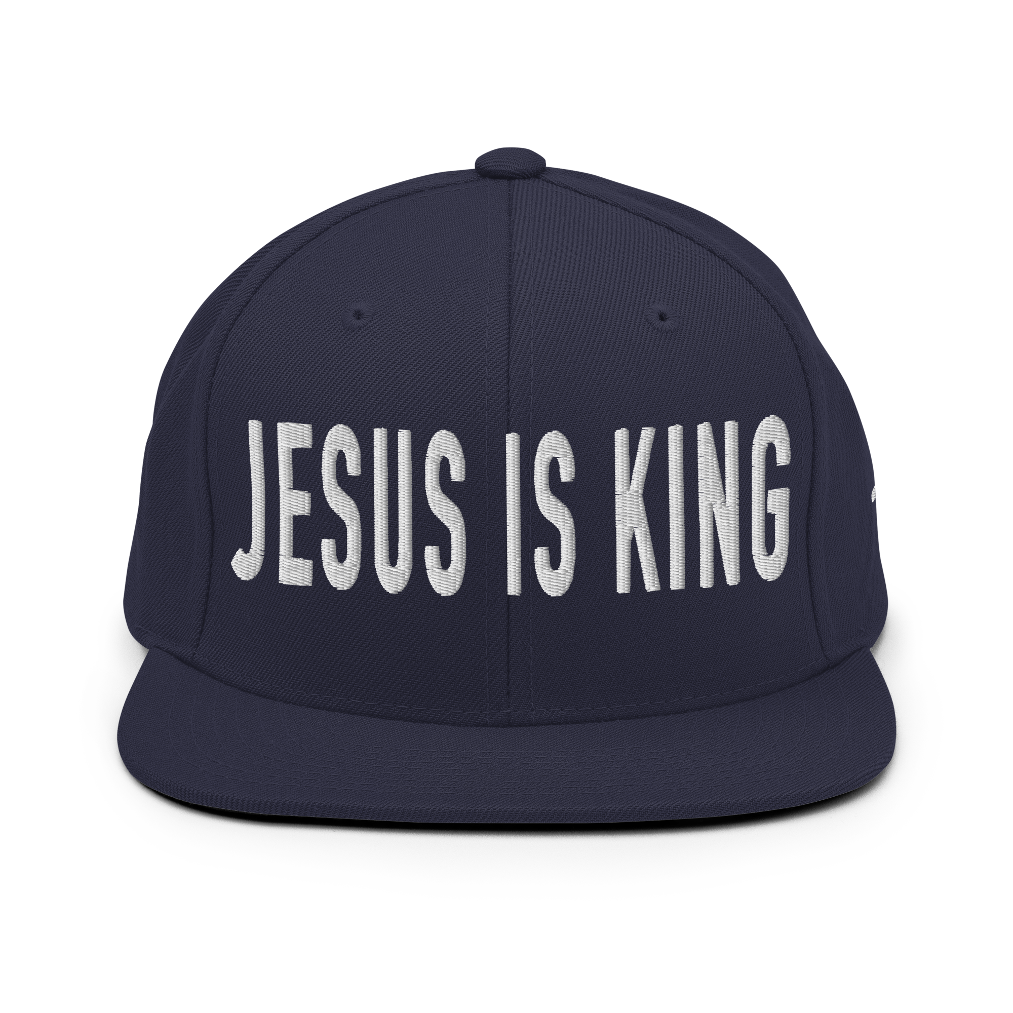 Christian Embroidered Hat with Jesus is King design in bold letters on a navy cap