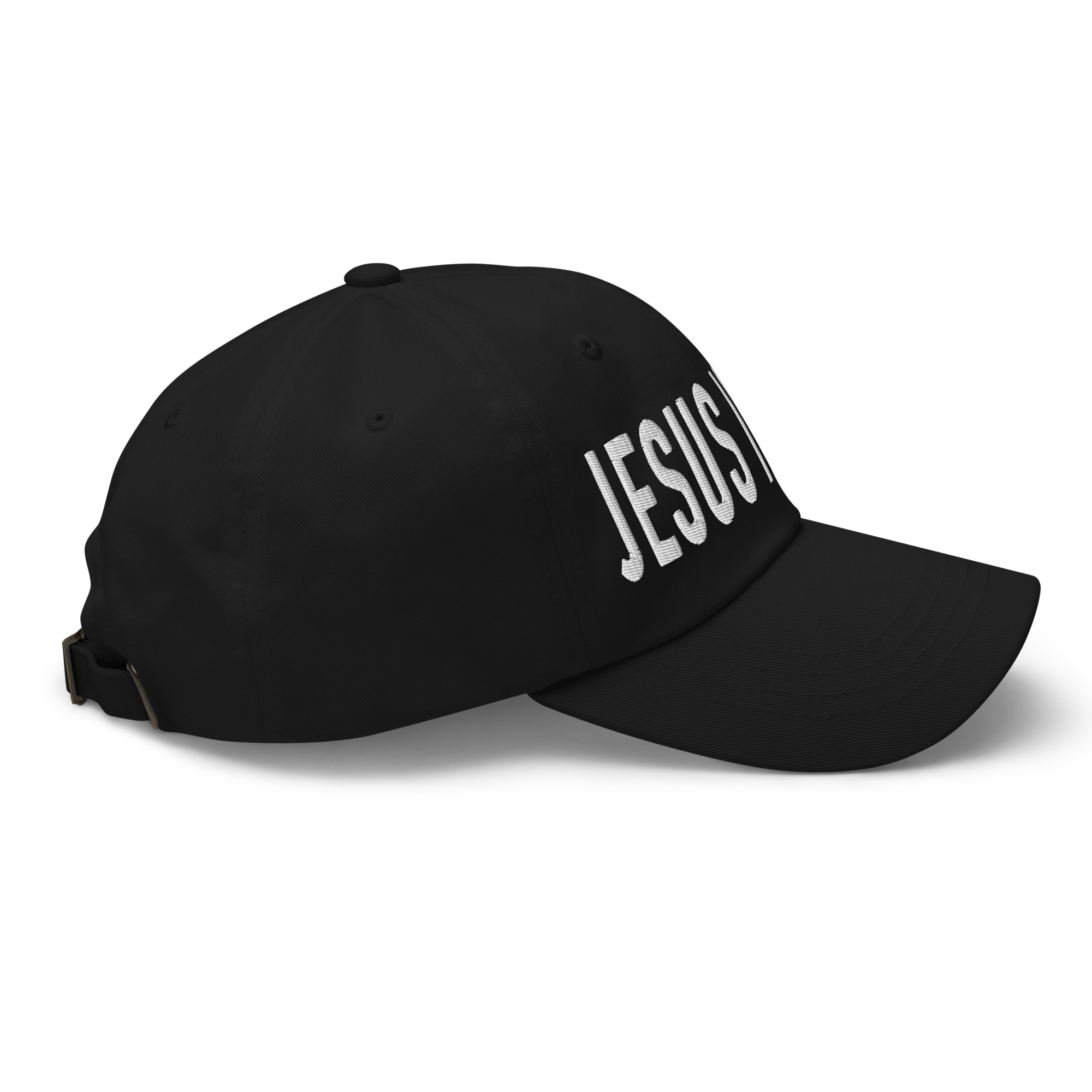 Christian Embroidered Hat in black featuring the word JESUS in bold white lettering on the front