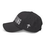 Christian Embroidered Hat in black featuring stylish text and a cross design for faith-inspired fashion