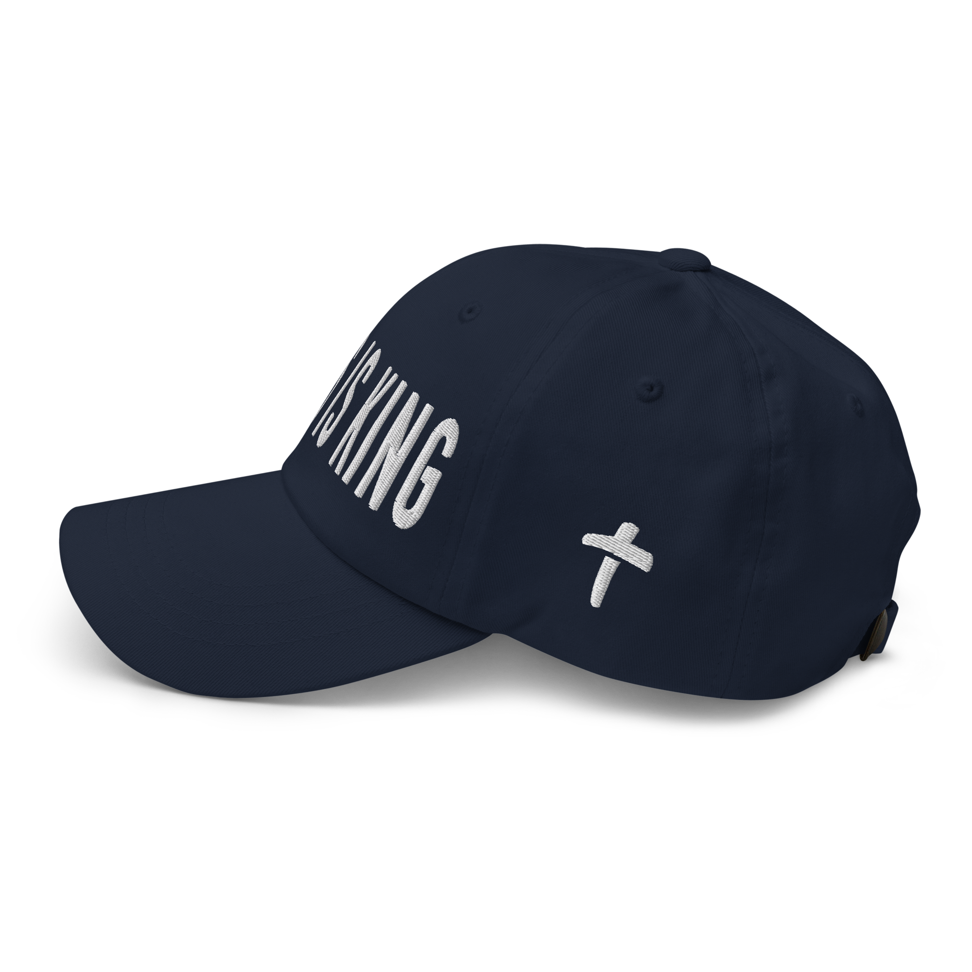 Navy Christian Embroidered Hat featuring bold lettering and cross design for stylish faith expression