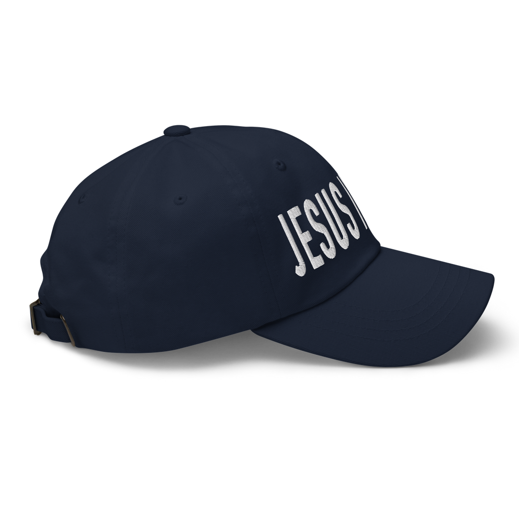Christian Embroidered Hat in navy with bold 'JESUS' lettering for faith-inspired style