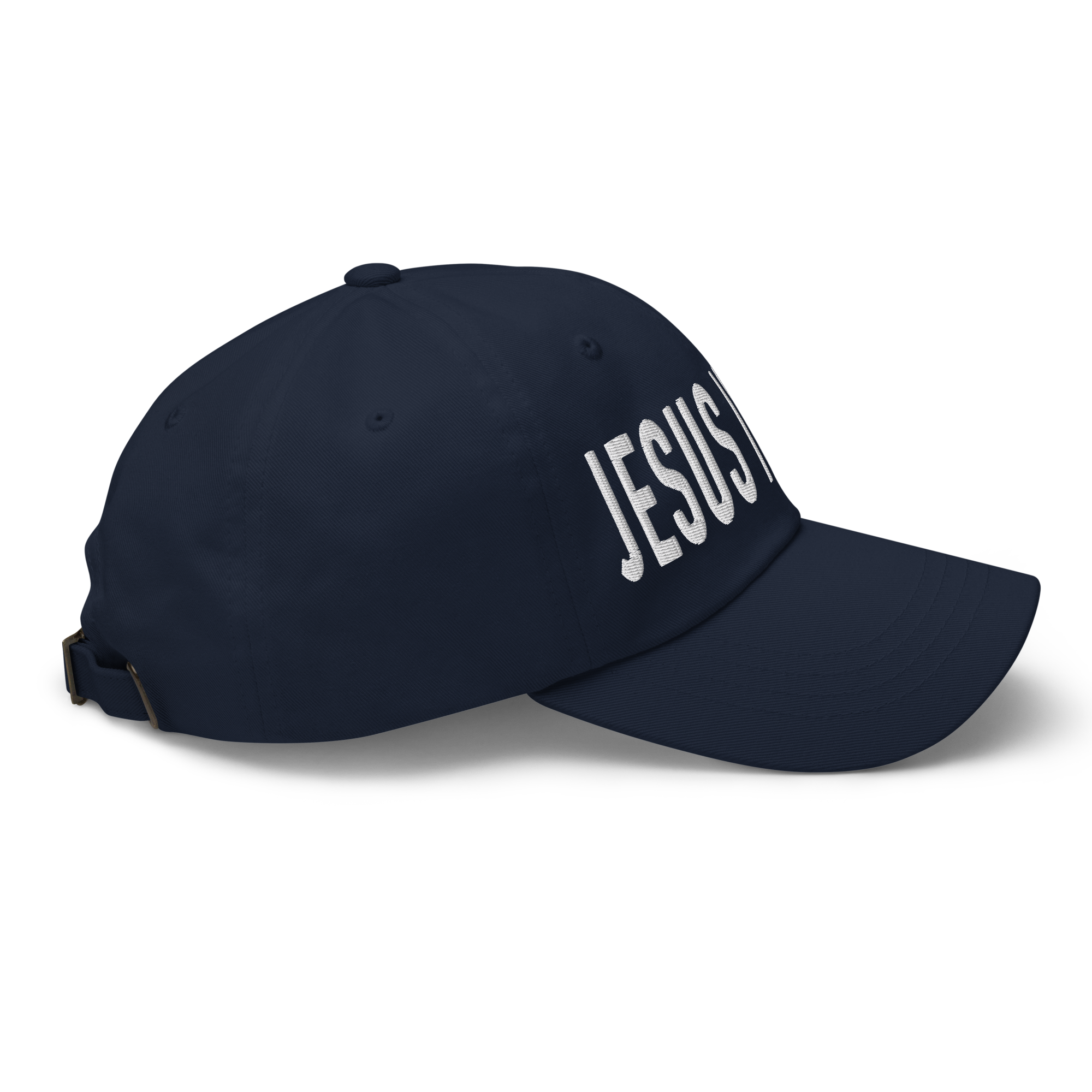 Christian Embroidered Hat in navy with bold 'JESUS' lettering for faith-inspired style