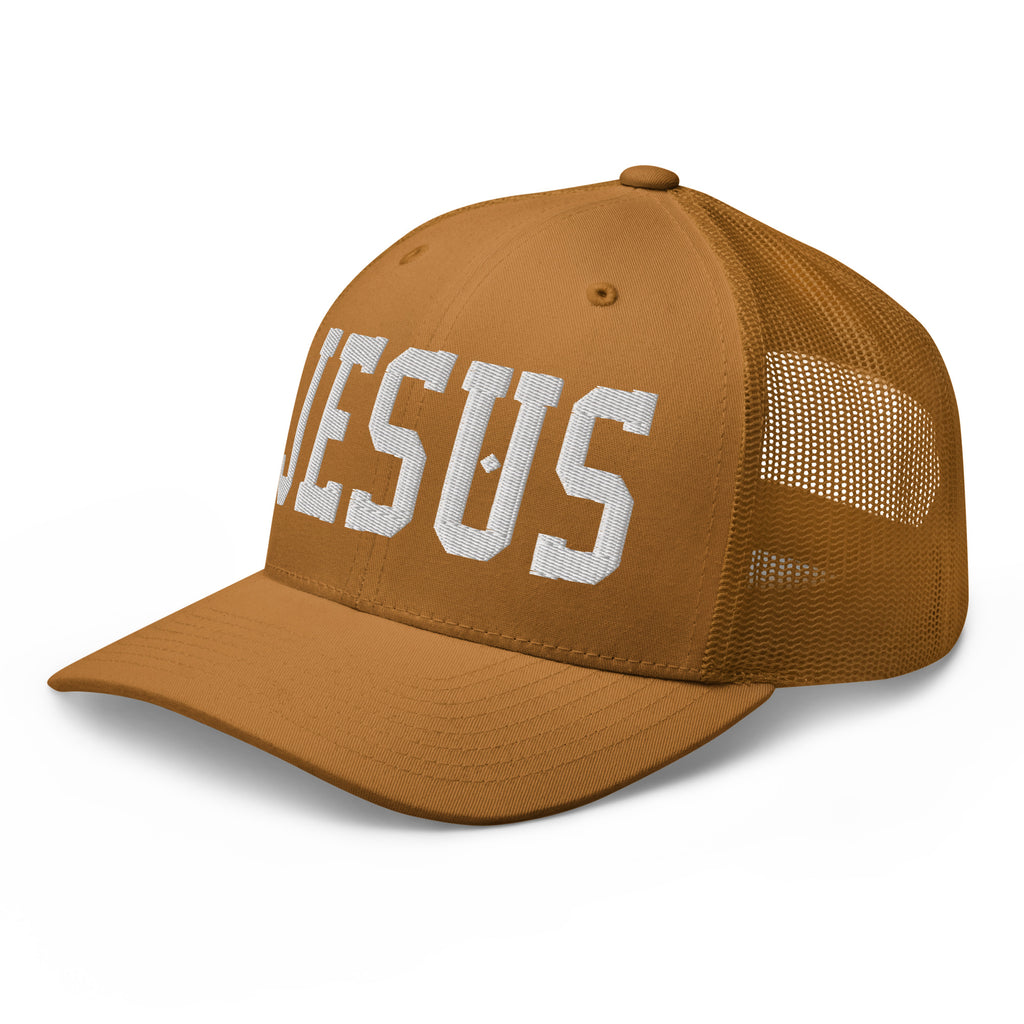 Christian Embroidered Hat in brown with white lettering spelling JESUS for a stylish faith statement
