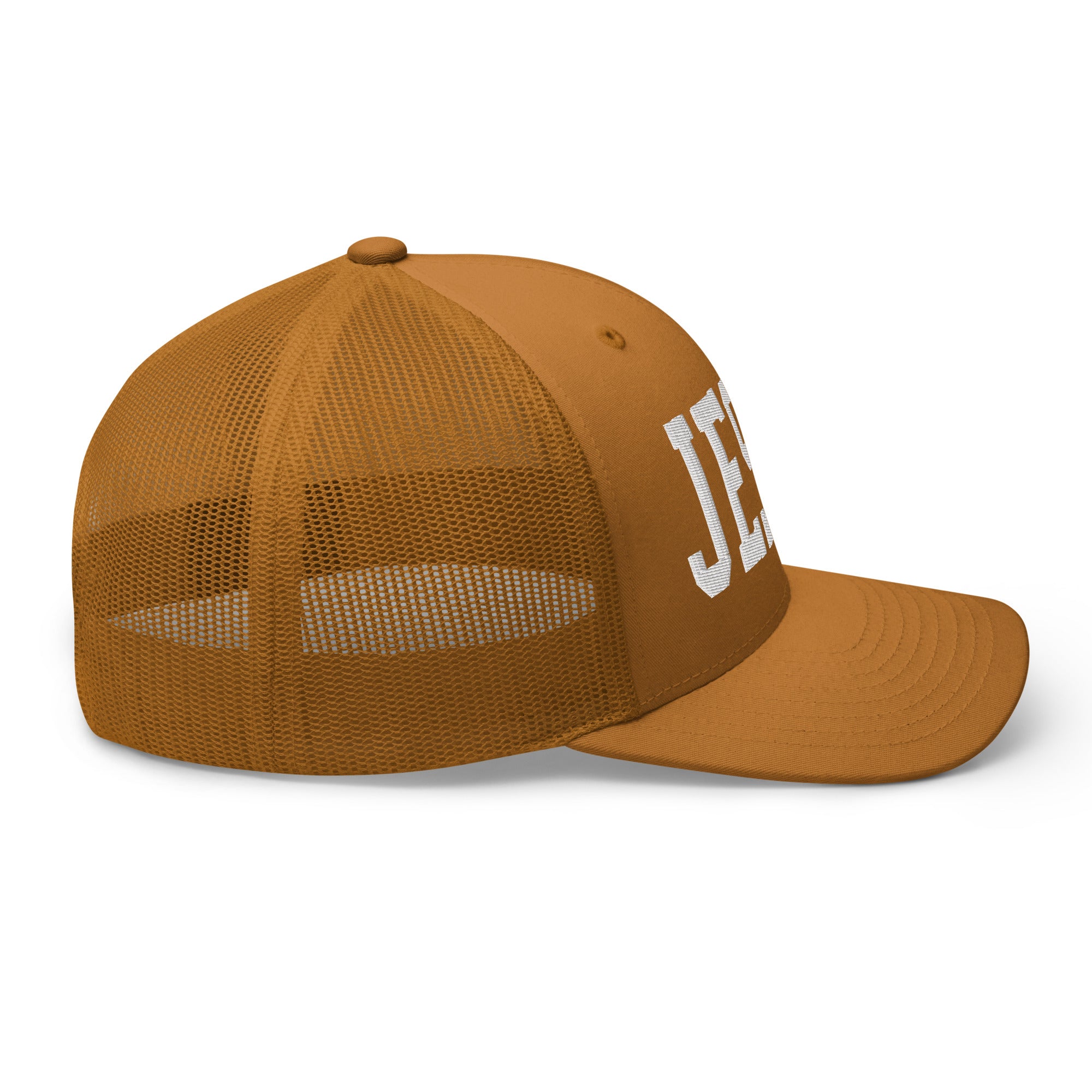 Christian Embroidered Hat in Brown with a modern mesh back design for stylish wear