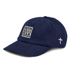 Navy blue corduroy cap with Faith Over Fear design and cross, perfect for Christian jewelry enthusiasts