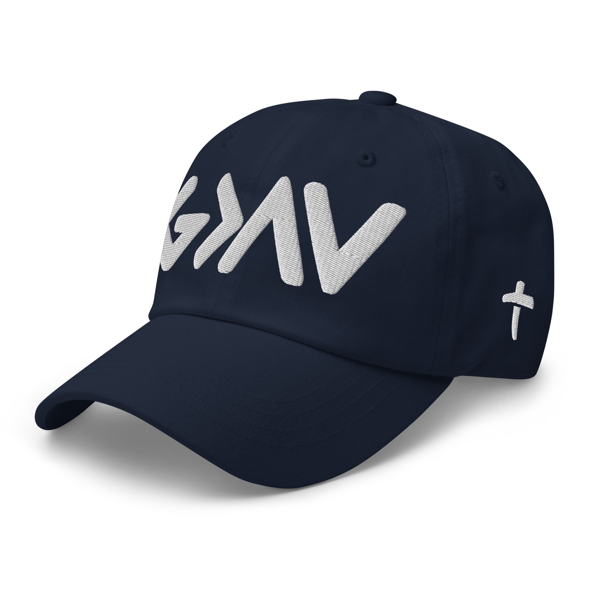 Navy Christian Embroidered Hat with Bold White Lettering and Cross Detail