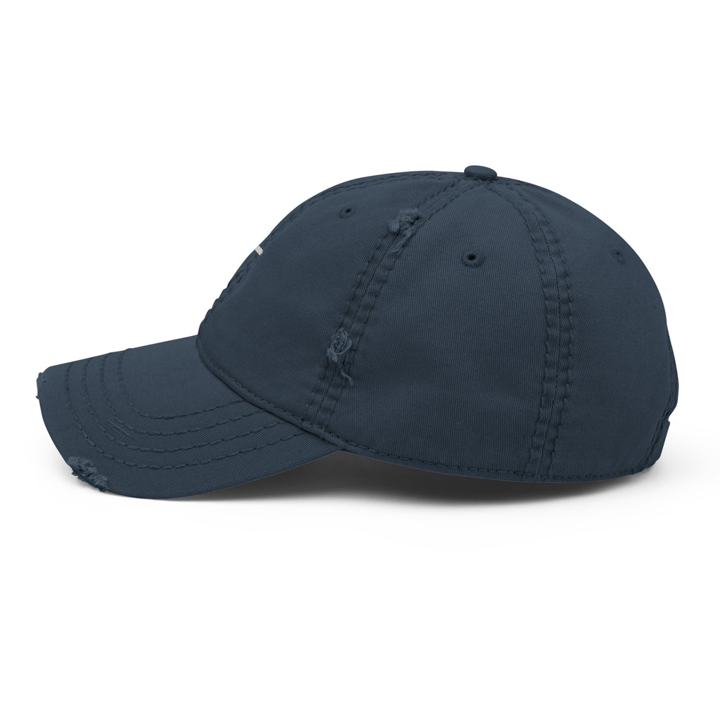 Navy Christian Embroidered Hat with a distressed design for a stylish, casual look