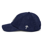 Navy Blue Corduroy Cap with Embroidered Cross, perfect for Christian Jewelry enthusiasts