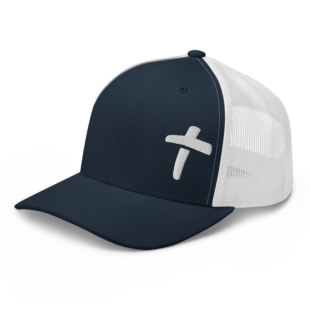 Navy and white Christian Embroidered Hat with a subtle cross design for stylish faith expression
