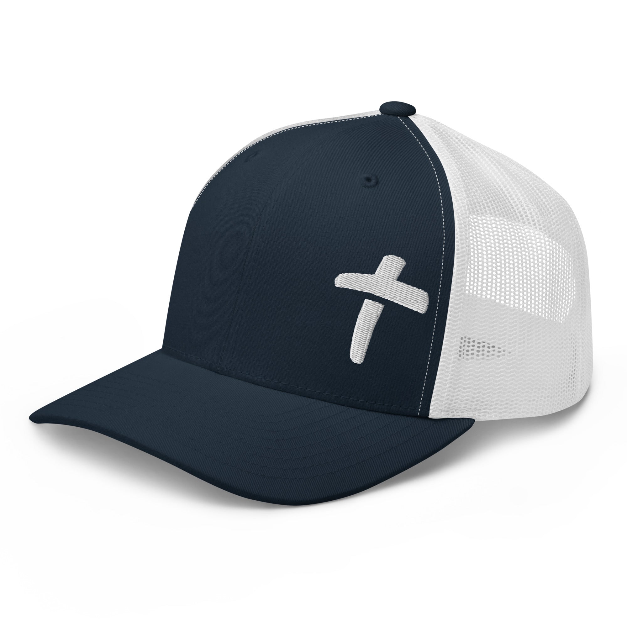 Navy and white Christian Embroidered Hat with a subtle cross design for stylish faith expression