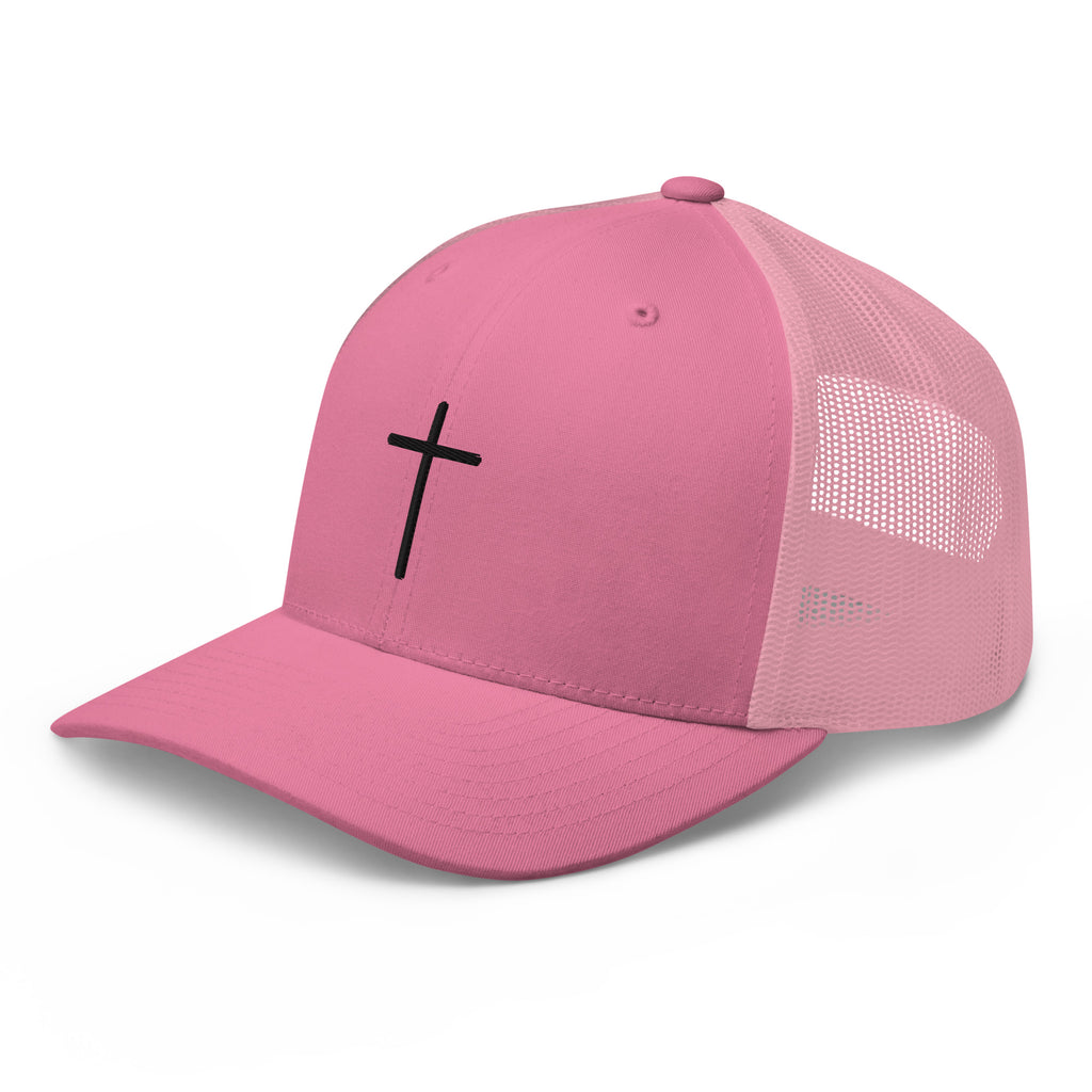 Pink Christian Embroidered Hat with a Black Cross Design on Front and Mesh Back
