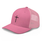Pink Christian Embroidered Hat with a Black Cross Design on Front and Mesh Back
